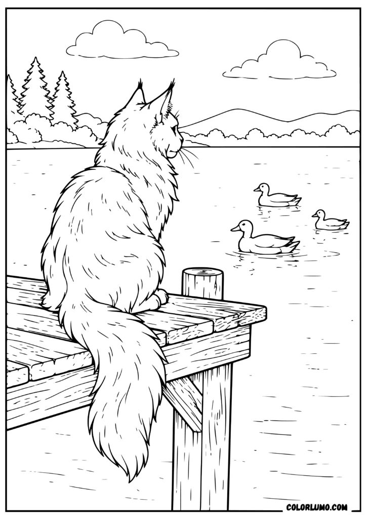 realistic Maine Coon cat sitting and watching ducks coloring sheet
