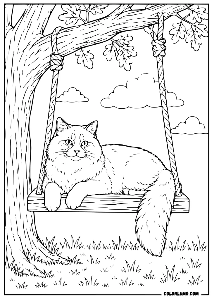realistic Ragdoll cat relaxing on a wooden swing coloring sheets
