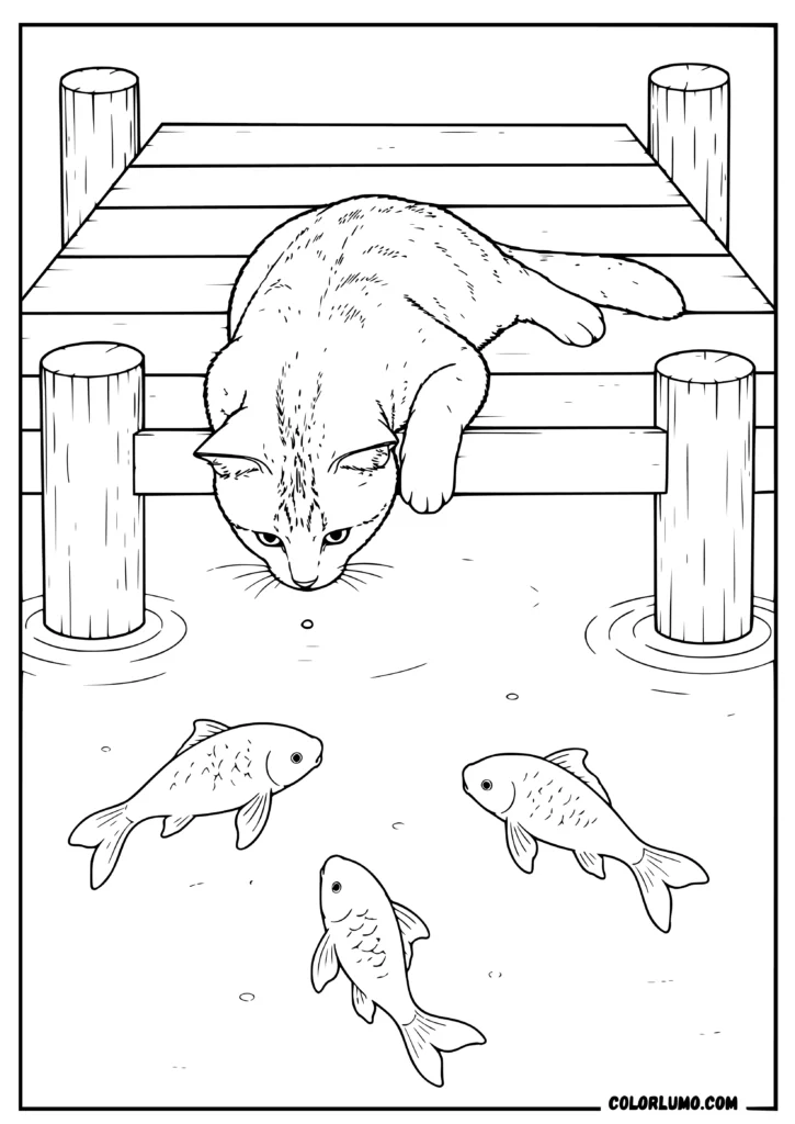 realistic cat Watching Fish from a Dock coloring page