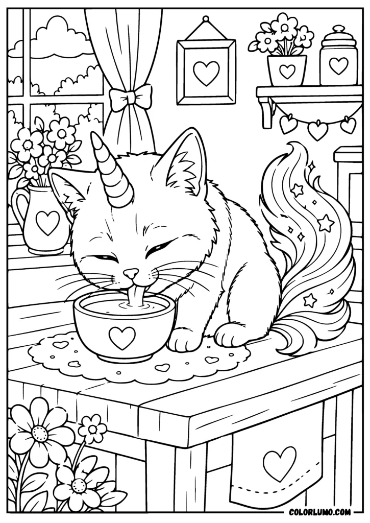 unicorn cat drinking milk from a bowl coloring pages