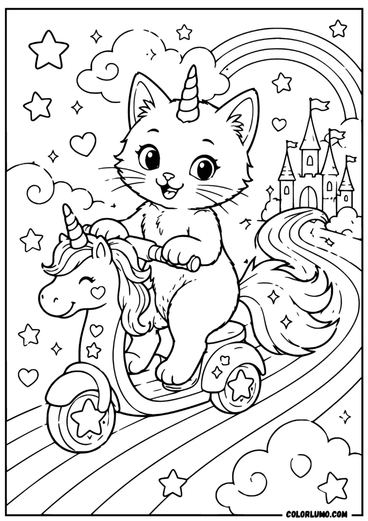 unicorn cat riding a unicorn shaped scooter coloring sheets