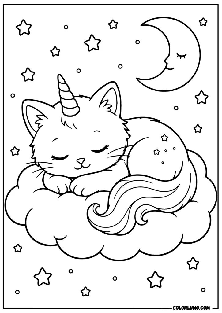 unicorn cute kitten sleeping on fluffy cloud coloring pages