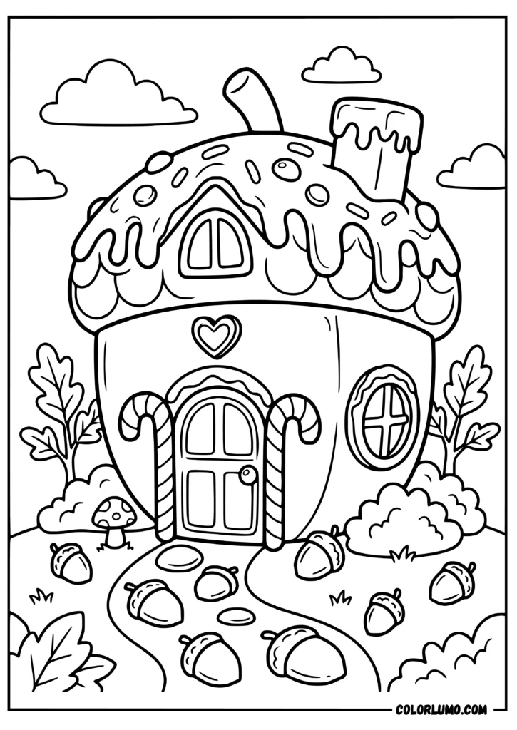 Acorn-shaped gingerbread house coloring page with a frosted acorn roof, candy cane doorway, cookie windows, acorn pathway, oak saplings, mushrooms, bushes, and clouds