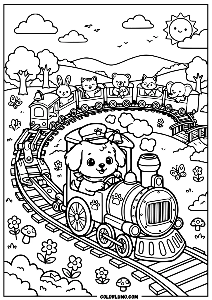 Adorable puppy driving a fantasy animal train with cute animal passengers, curved railway tracks, hills, trees, flowers, and a cheerful storybook landscape
