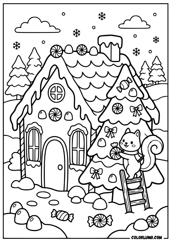 Christmas gingerbread house coloring page with a squirrel on a ladder and a decorated Christmas tree