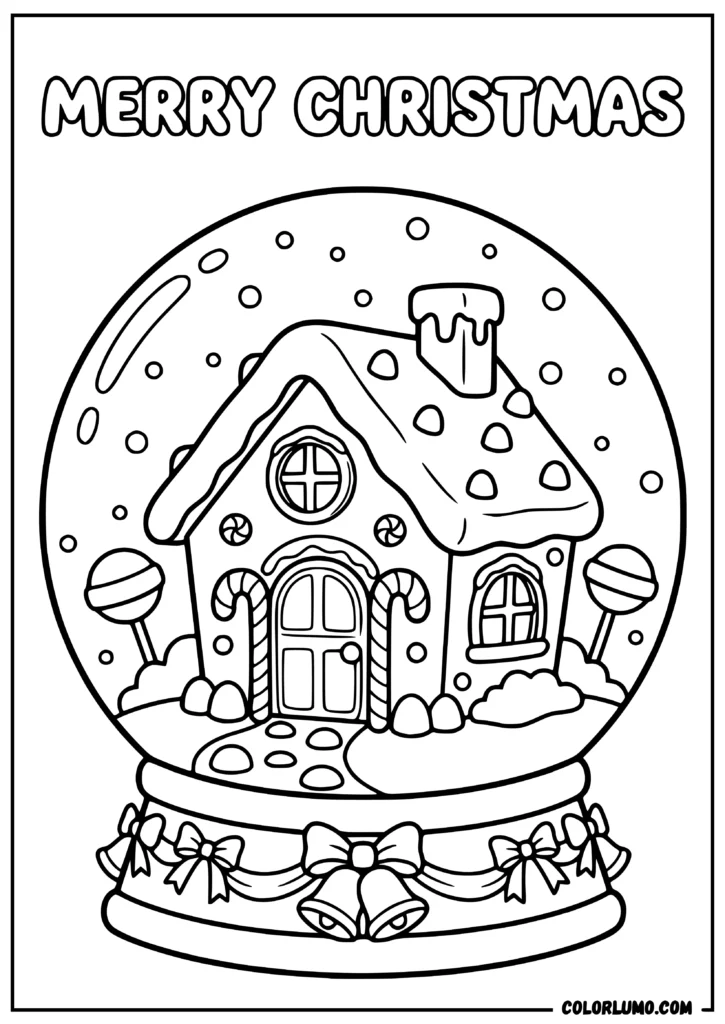 Christmas gingerbread house coloring sheet in a snow globe with an icing-covered cottage, cookie windows, candy cane doorway, gumdrops, and snowflakes