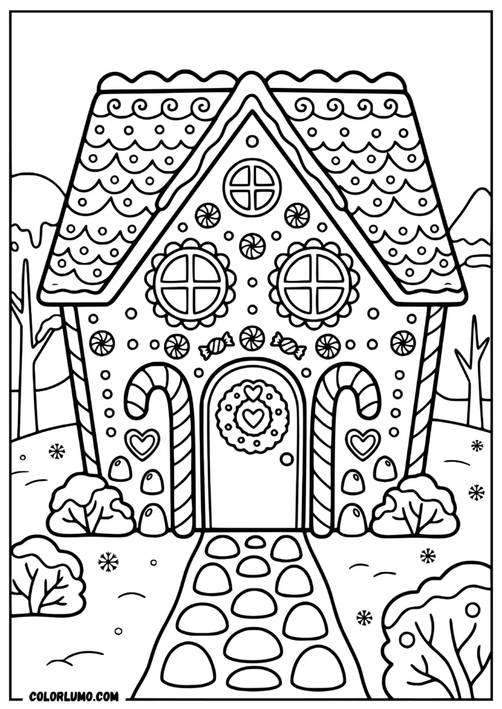 Classic gingerbread house coloring page decorated with candy canes, icing, gumdrops, and a snowy pathway