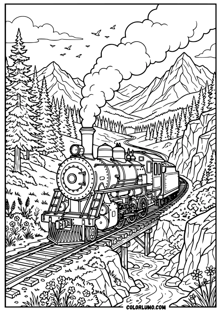 Classic steam locomotive traveling through a scenic mountain valley on a wooden bridge, surrounded by pine trees, rocky cliffs, and birds, black coloring pages