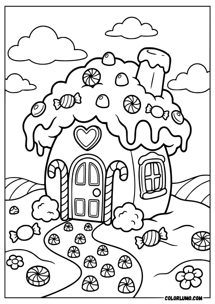 Cotton candy gingerbread house coloring page with a fluffy frosting roof, candy cane doorway, cookie windows, peppermint path, and candy hills