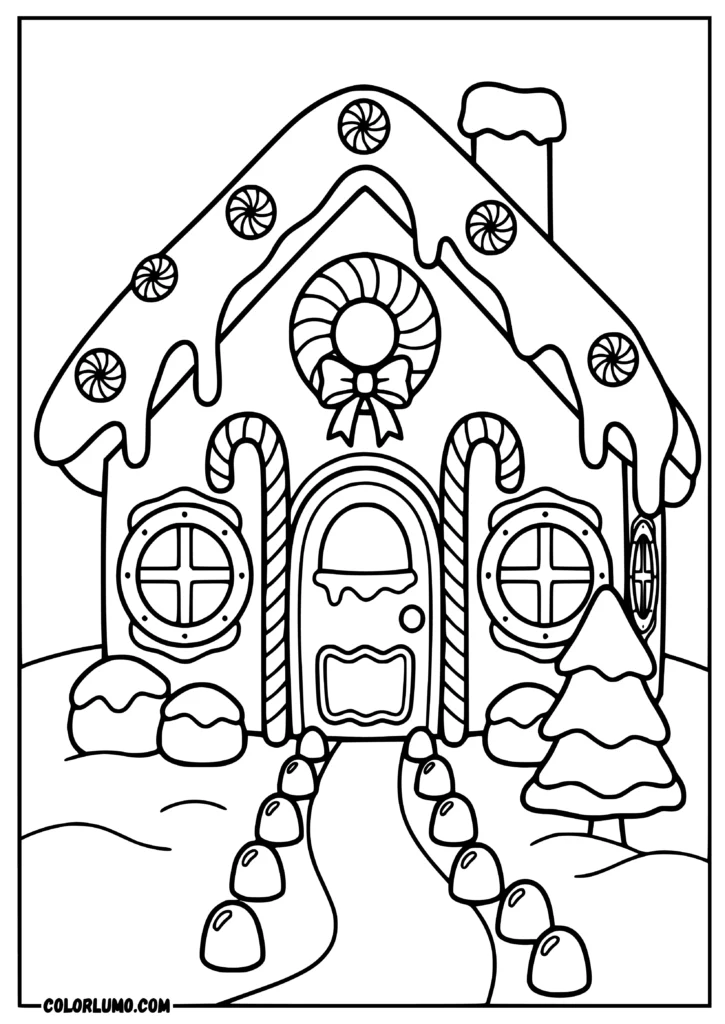Cozy gingerbread house coloring page with an icing roof, candy cane doorway, cookie windows, gumdrop path, and snowy pine tree