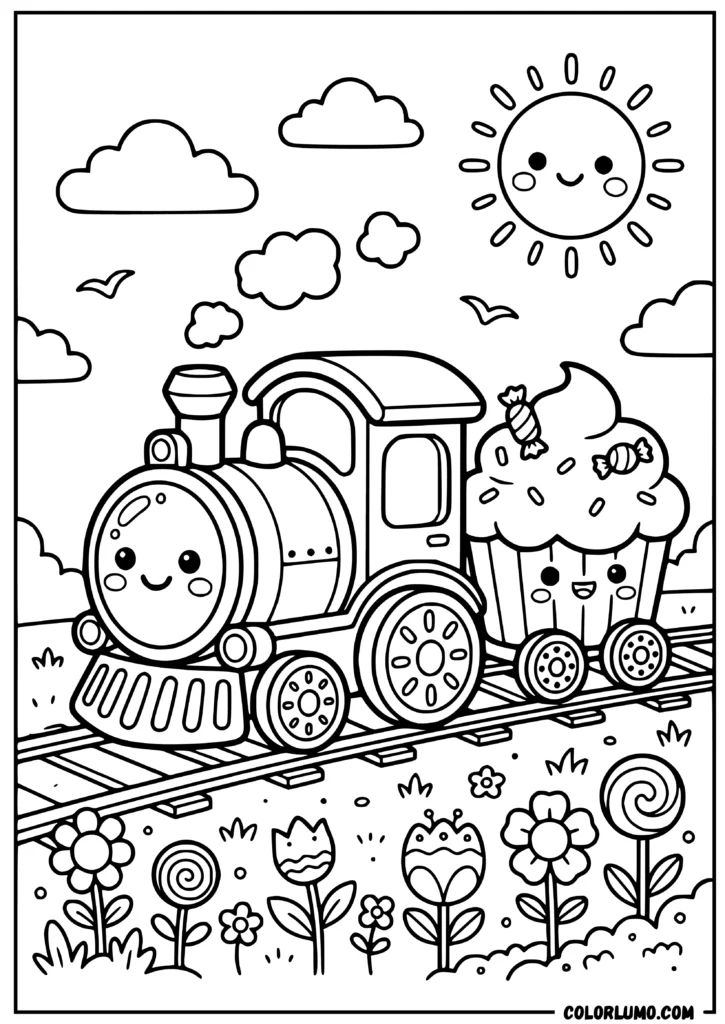 Cute candy themed cartoon train coloring pages with a smiling face and cupcake-shaped carriage traveling on railway tracks