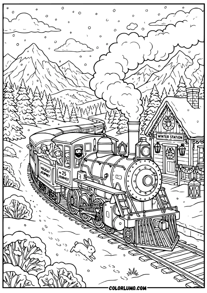 Detailed realistic steam locomotive coloring page showing a cozy train traveling through a snow-covered forest with mountains, snowflakes, and a decorated railway station