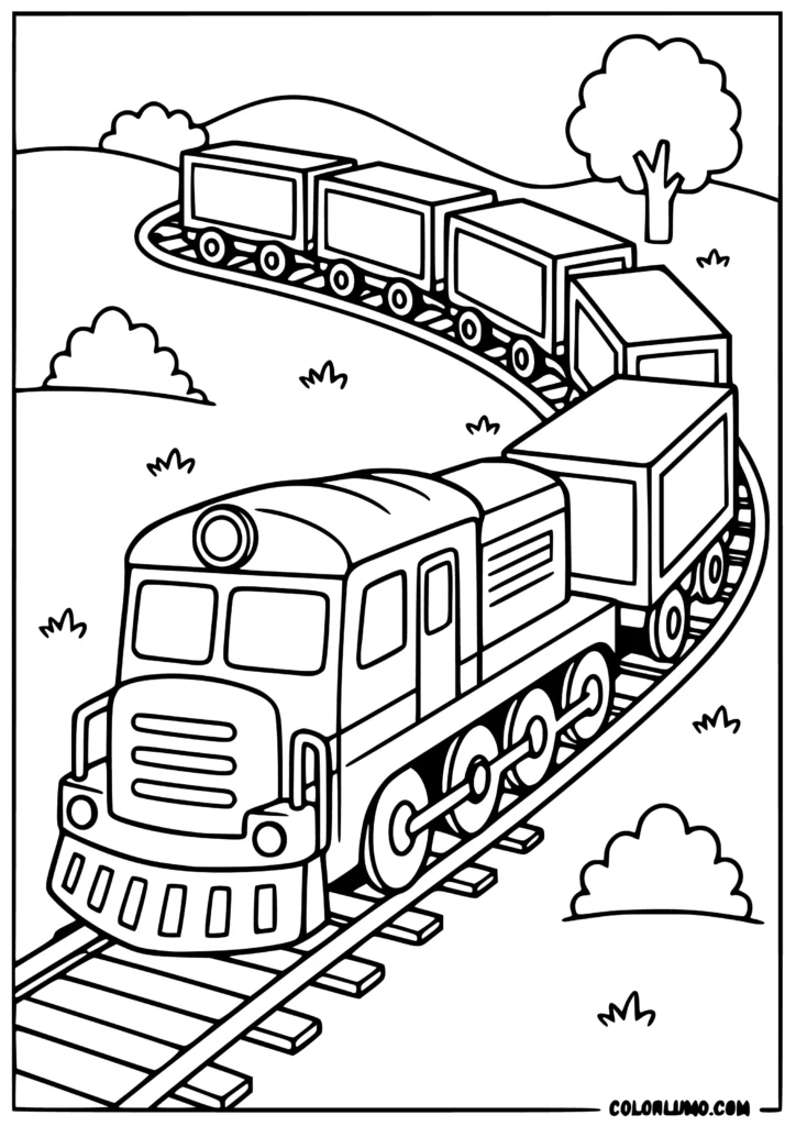 Freight train coloring pages with cargo wagons on a curved railway track