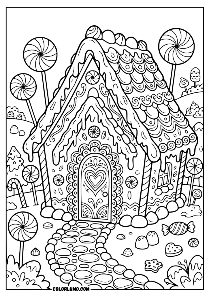Gingerbread house coloring page featuring a whimsical candy cottage surrounded by lollipops, candy canes, gumdrops, peppermint candies, candy trees, and a curved candy-stone pathway