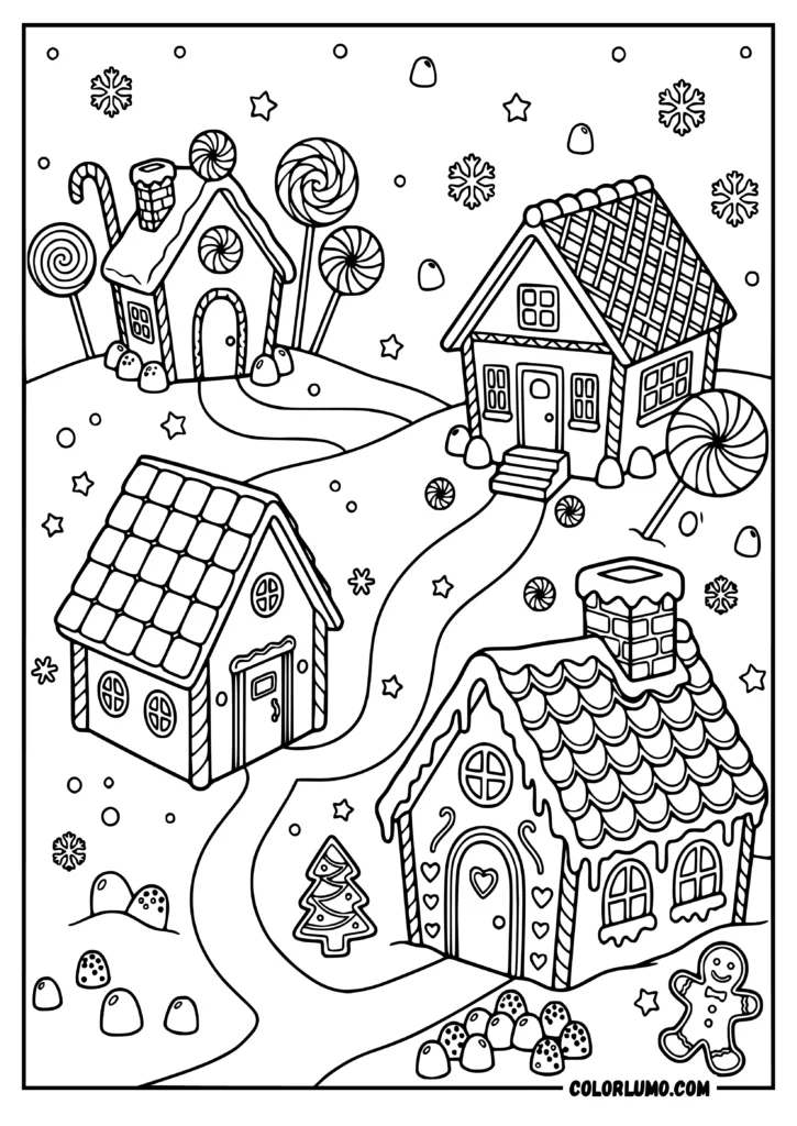 Gingerbread house coloring page featuring three whimsical candy cottages, winding paths, lollipops, candy canes, gumdrops, snowflakes, and a gingerbread cookie