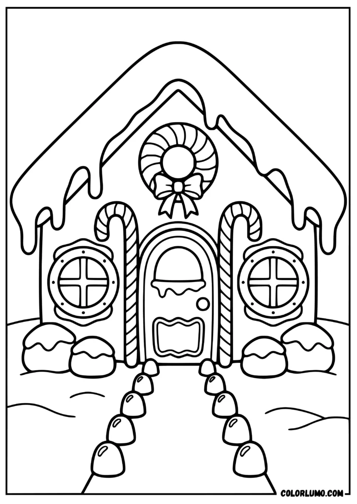 Gingerbread house coloring page featuring with a dripping icing roof, candy cane entrance, peppermint wreath, cookie windows, gumdrop path