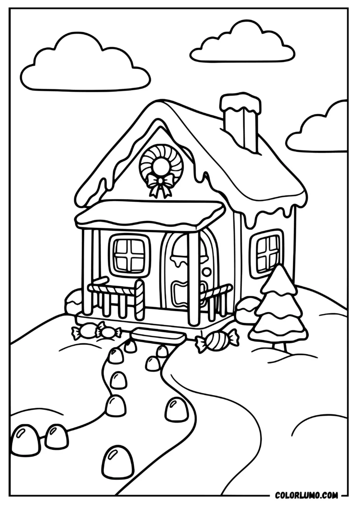 Gingerbread house coloring page on a snowy hill with a frosted roof, cookie windows, winding path, and evergreen tree