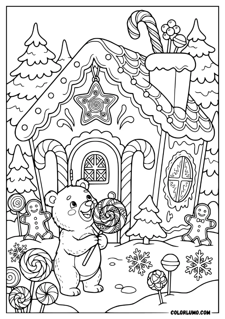 Gingerbread house coloring page with a cute bear holding a giant lollipop, surrounded by candy canes, cookies