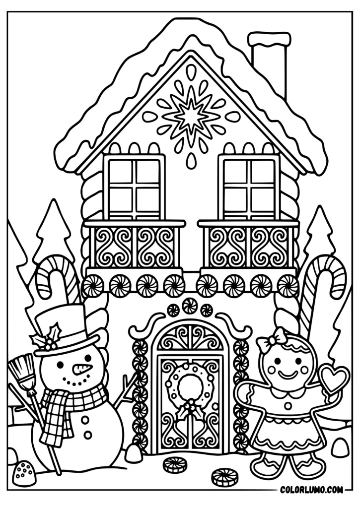 Gingerbread house coloring page with a snowman and gingerbread girl, decorated with candy canes, icing, wreaths, and snowy trees