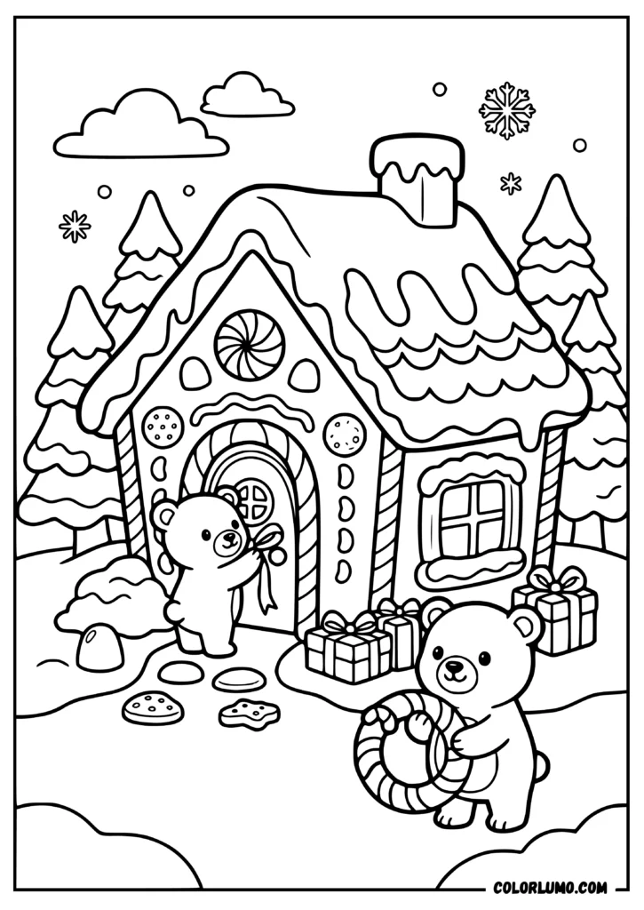 Gingerbread house coloring pages with polar bear cubs decorating a candy cane wreath, icing roof, candy windows, presents, gumdrops, and snowy trees