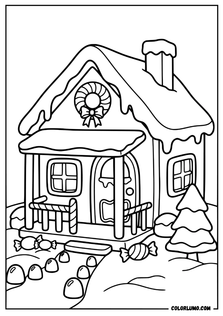 Gingerbread house coloring sheet with a front porch, frosting roof, candy cane railing, cookie windows, and wrapped candies