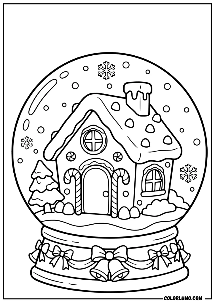 Gingerbread house snow globe with frosted cottage, cookie windows, candy decorations, evergreen tree, snowflakes, and snowy ground