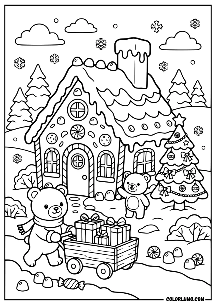 Gingerbread house where teddy bears bring presents beside a decorated Christmas tree