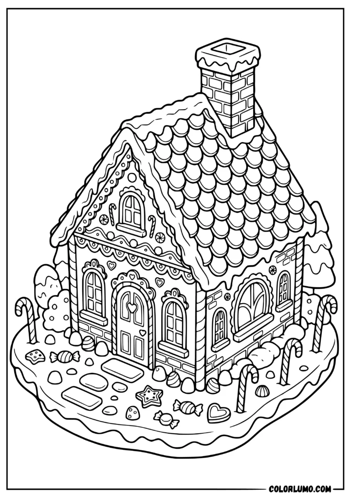 Gingerbread house with a whimsical candy cottage, candy canes, gumdrops, sweets, and a candy-themed garden