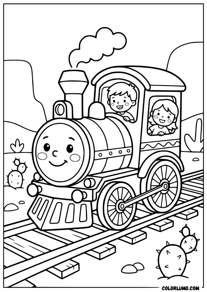 Happy cartoon steam train with a smiling front face, large wheels, chimney, and cabin carrying two children, traveling on railway tracks