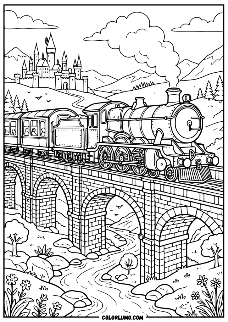 Harry Potter inspired magical steam train colouring in pages crossing an arched stone bridge over a river in a fantasy countryside landscape with castle towers, mountains, trees, and clouds