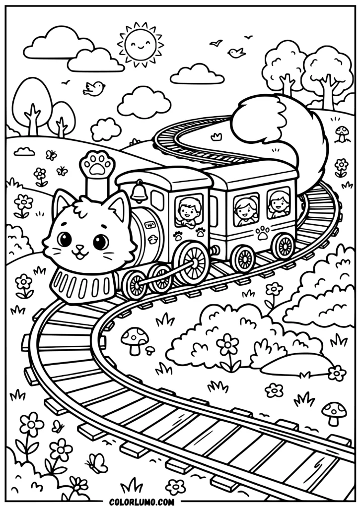 Kawaii cat train with a cat-face locomotive, fluffy tail carriage, curved railway tracks, and a cute fantasy landscape with flowers, trees, and clouds