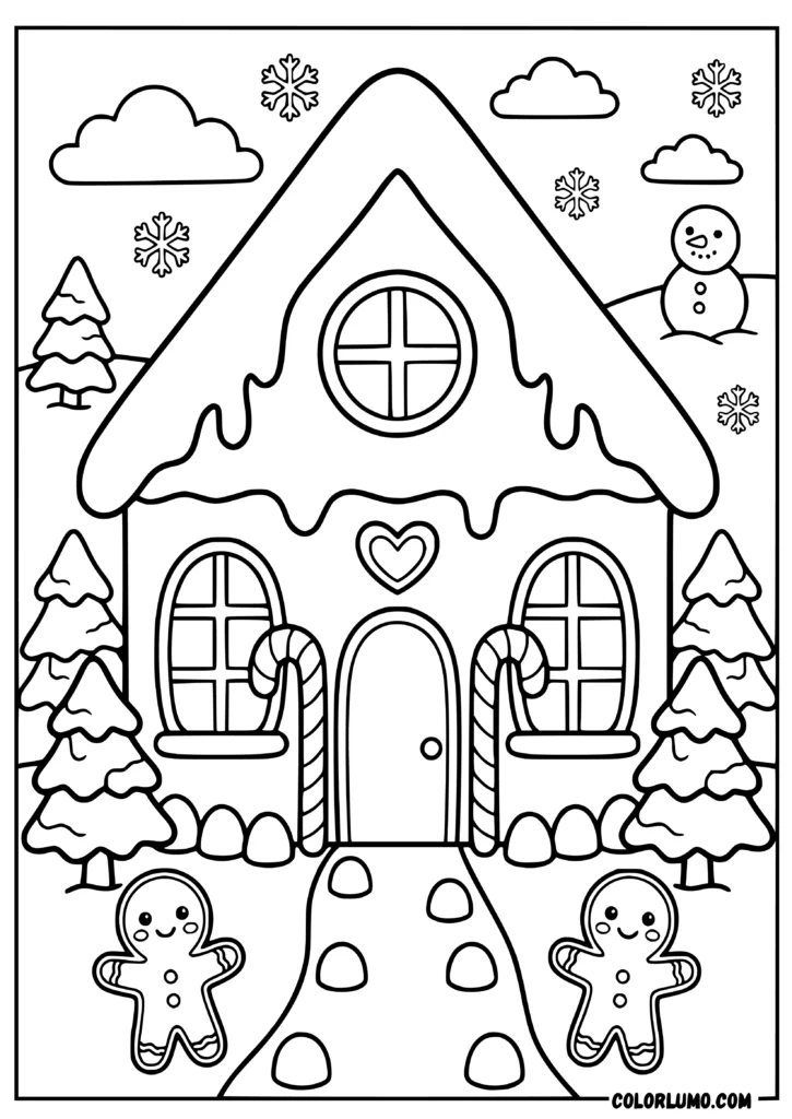 Kawaii gingerbread house coloring pages with icing roof, cookie windows, candy cane poles, gumdrop path, gingerbread characters