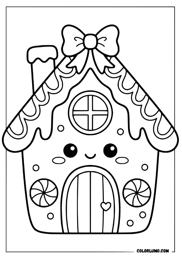 Kawaii gingerbread house coloring sheets with a cute smiling face, large bow, candy decorations, and heart-shaped door handle