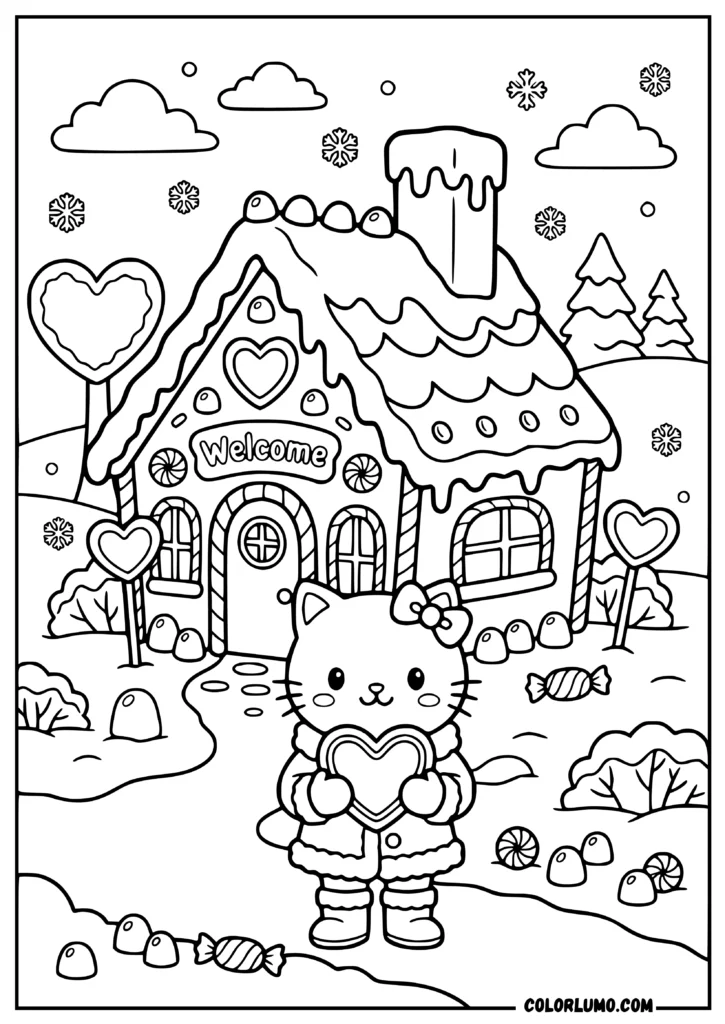 Kawaii kitten holding a gingerbread cookie in front of a candy-decorated gingerbread house