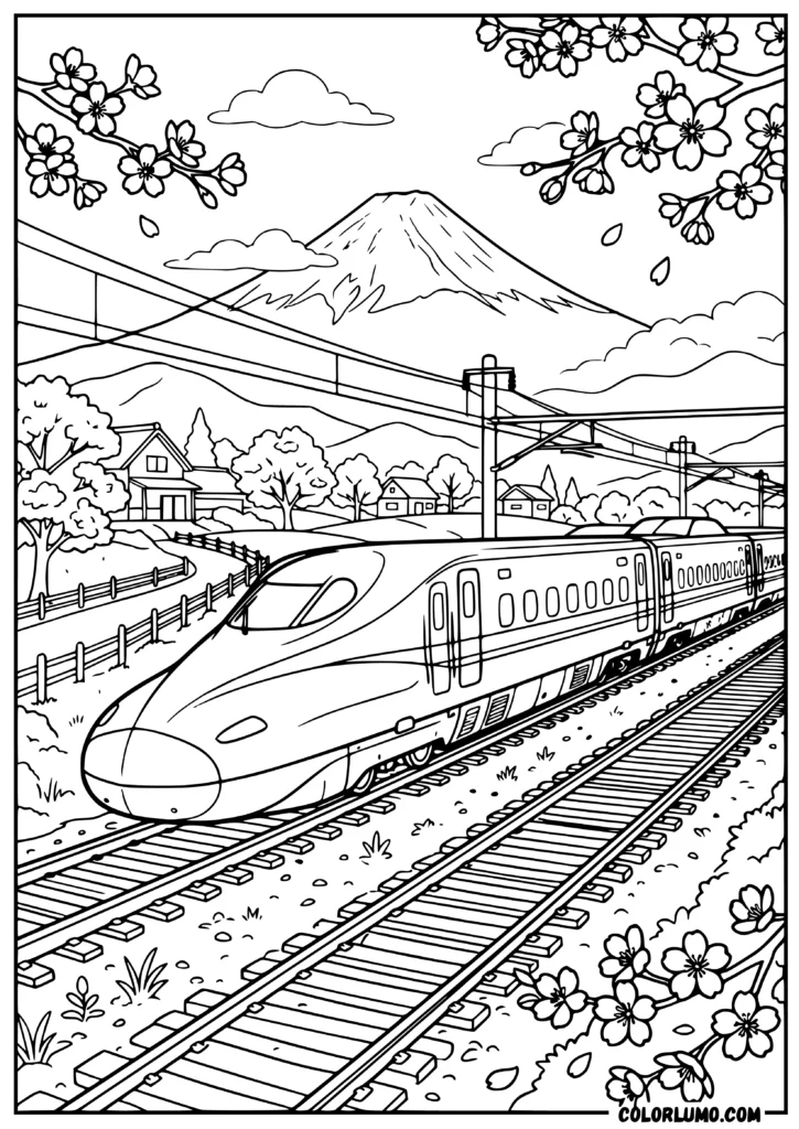 Modern Japanese Shinkansen bullet train coloring page traveling on railway tracks through a countryside landscape with Mount Fuji, cherry blossom trees