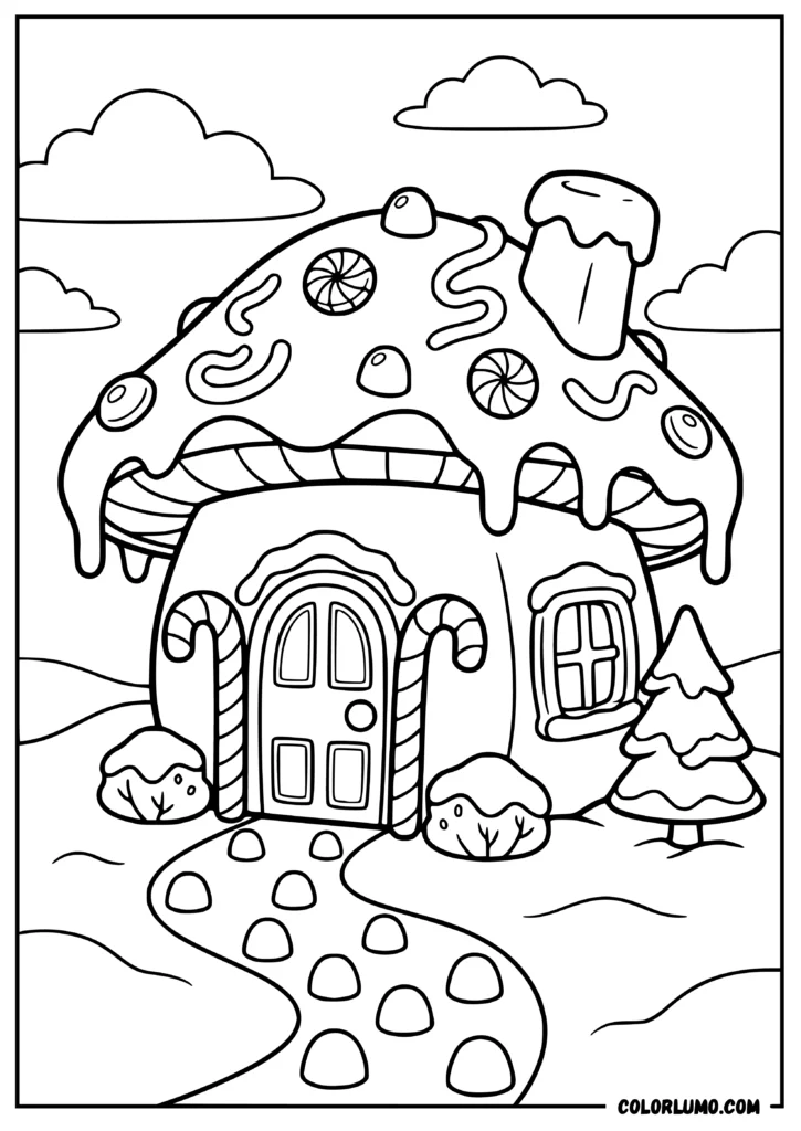 Mushroom gingerbread house with a frosted candy roof, candy cane doorway, cookie windows, gumdrop path, and snowy landscape