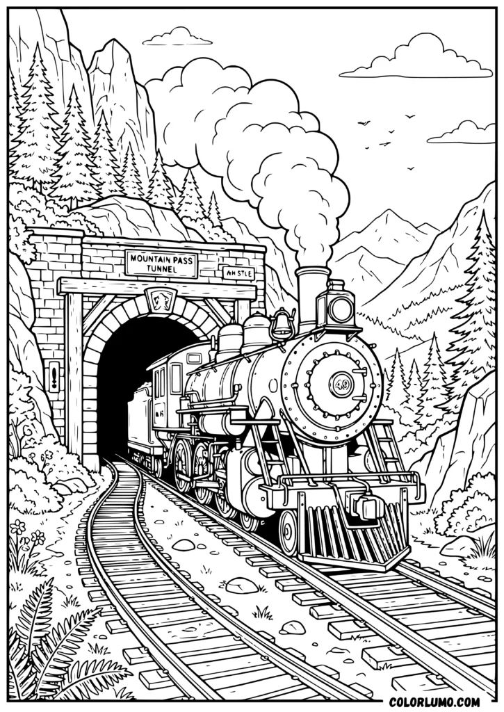 Printable steam train coloring page featuring a classic locomotive coming out of a stone mountain tunnel with pine trees, mountains, and railway tracks