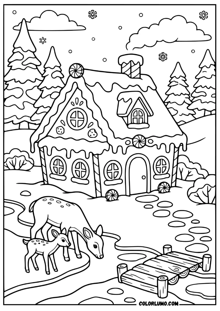Winter gingerbread house coloring page with icing roof, cookie windows, deer drinking by stream, bridge, and snowy forest