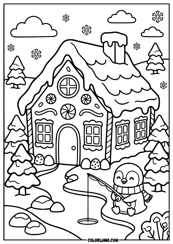 Winter gingerbread house with icing roof, cookie windows, snowy pine trees, baby penguin, frozen stream, snowbanks, and clouds