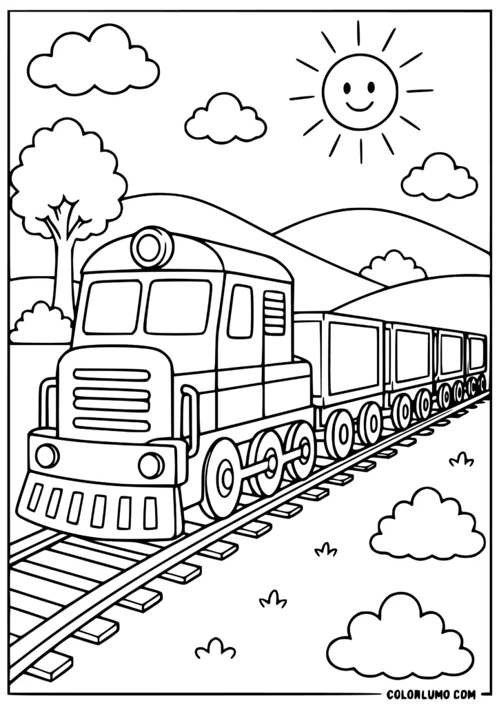 a simple train coloring sheet with four cargo wagons traveling on railway tracks through rolling hills