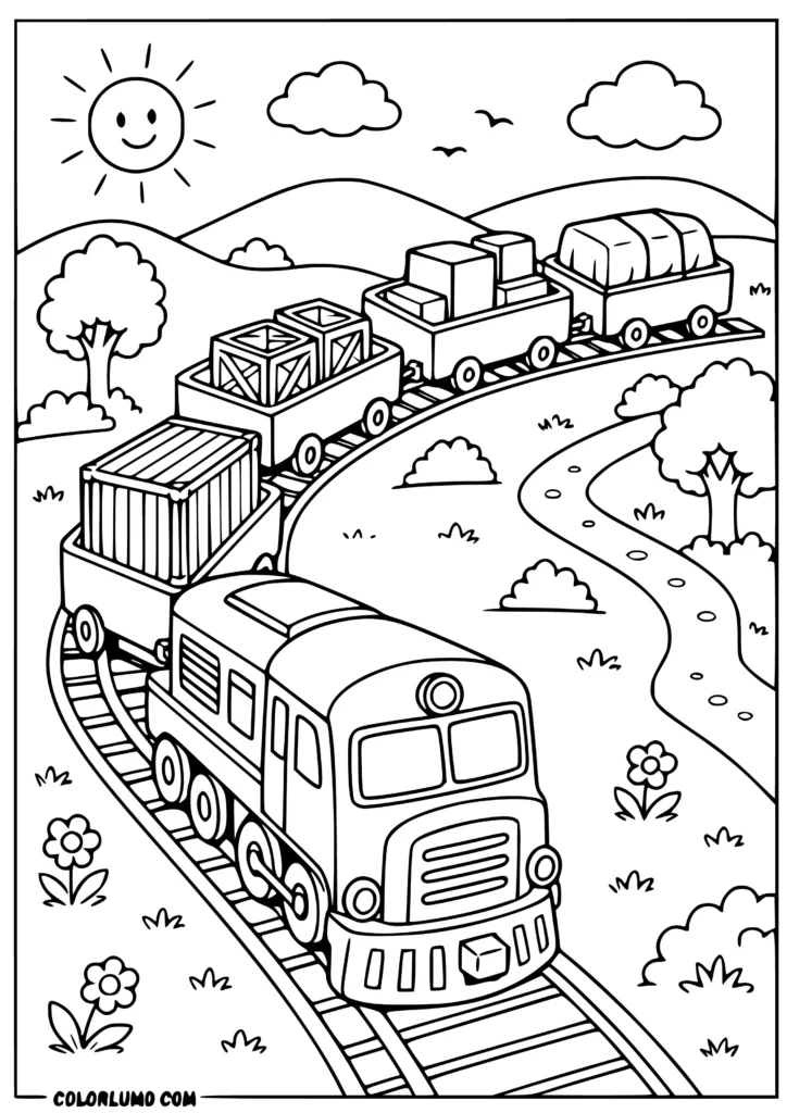 coloring page of a freight train with cargo wagons following a winding railway track through a simple countryside landscape