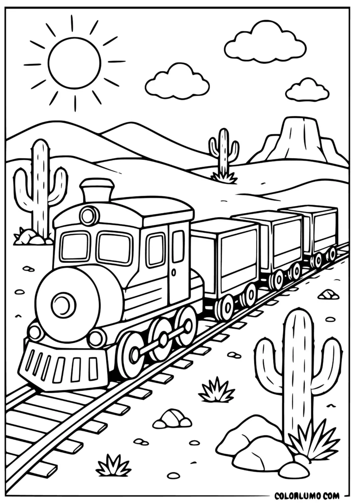 freight train crossing a desert landscape with cargo wagons, cactus plants, hills, clouds, and railway tracks