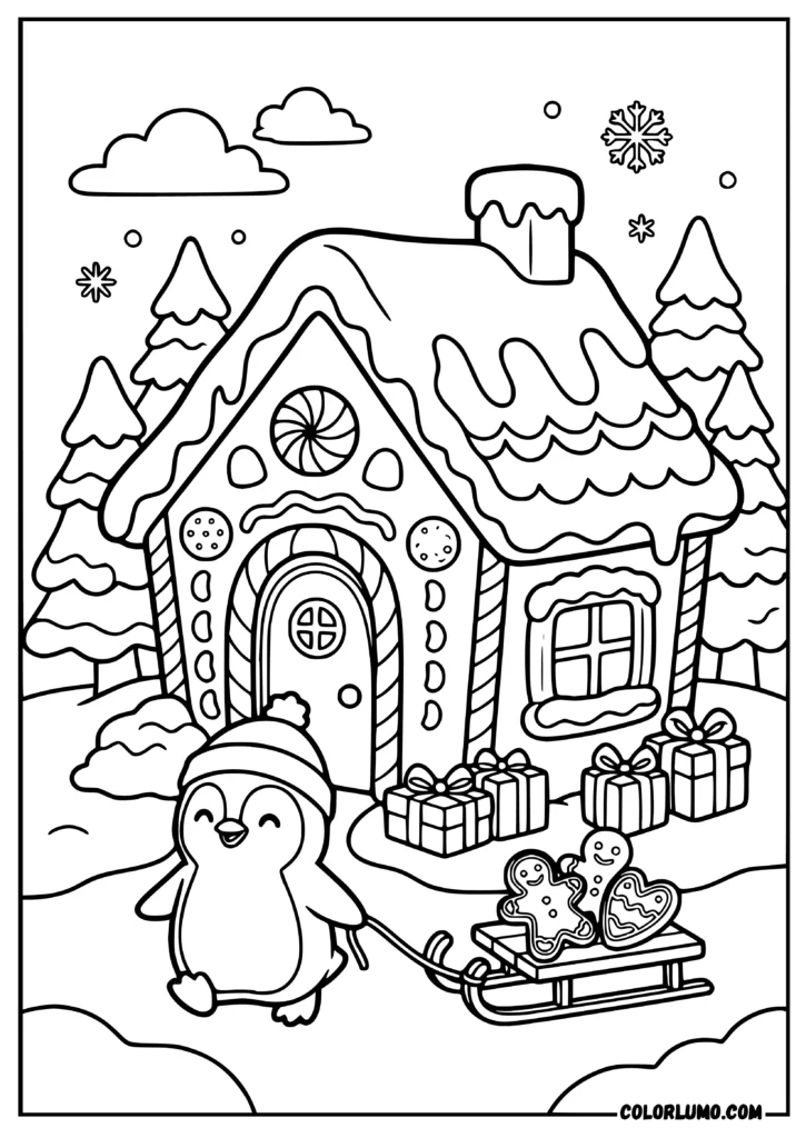 gingerbread house coloring pages with penguin delivering cookies, gifts, and pine trees