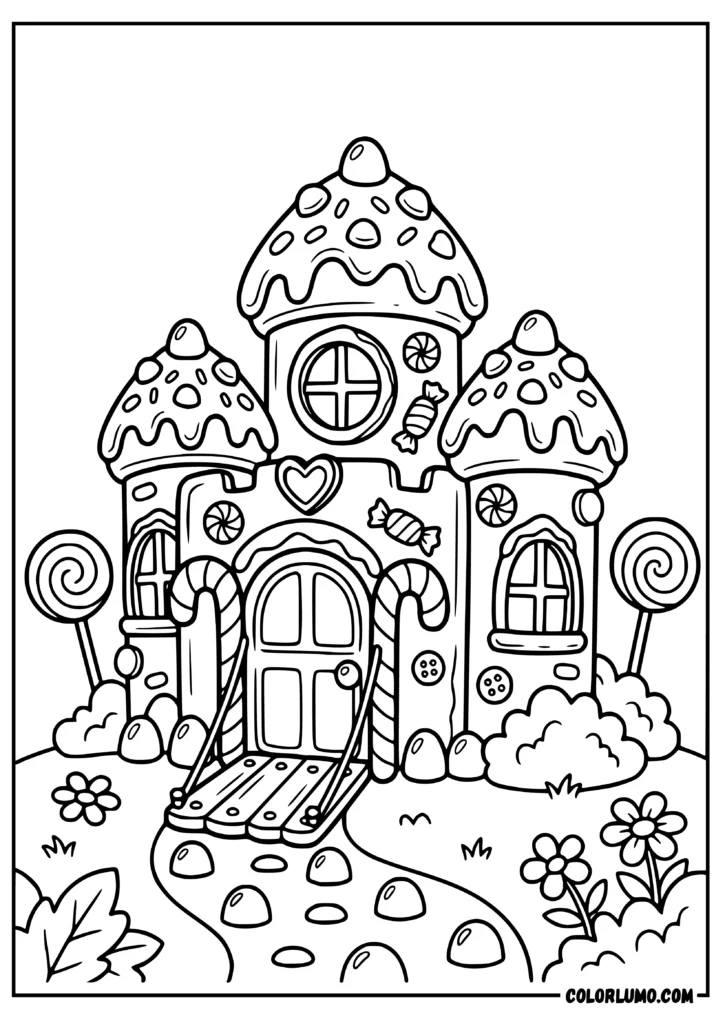 gingerbread house coloring sheet with frosted towers, candy cane entrance, cookie windows, gumdrop pathway, lollipop trees, candy bushes