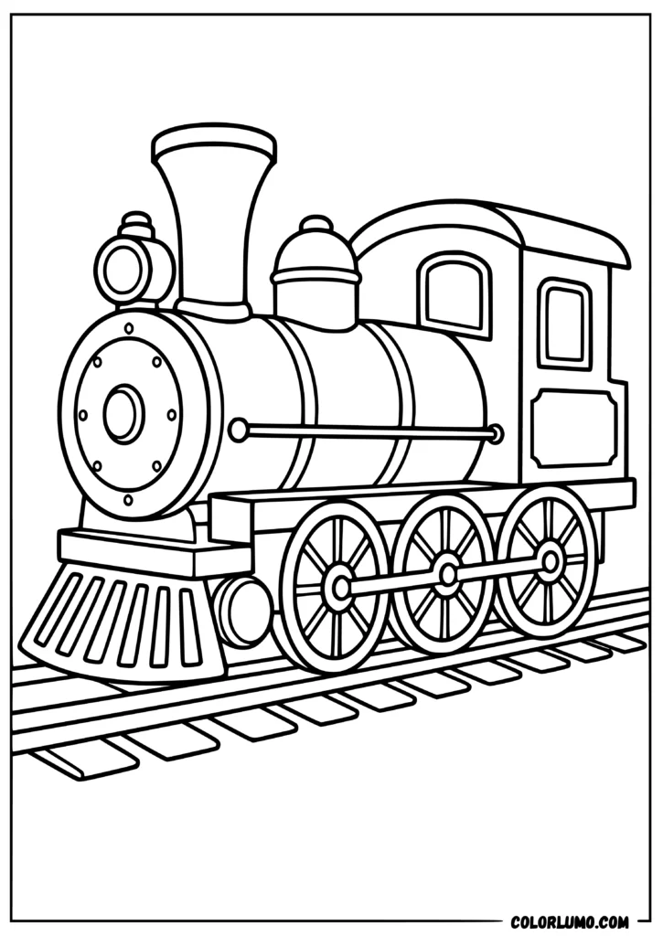 simple vintage steam train coloring sheet with a large rounded front boiler, simple chimney, small steam dome, clear cabin, large circular wheels, and connected train body