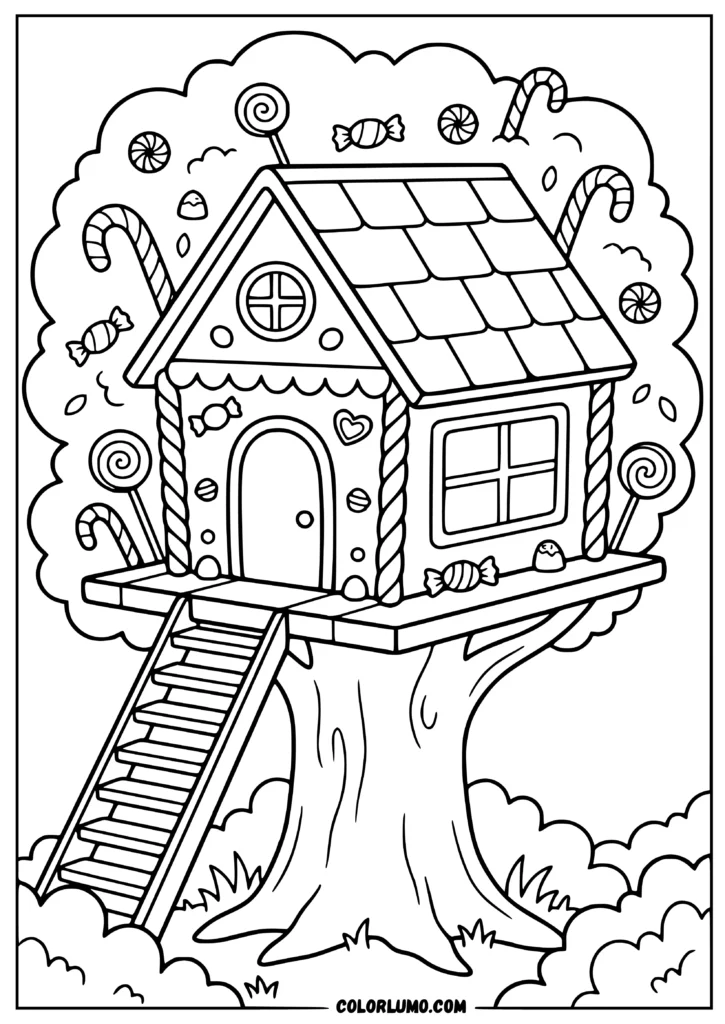 treehouse gingerbread coloring page with a cute candy cottage, magical tree, candy canes, lollipops, and sweet decorations