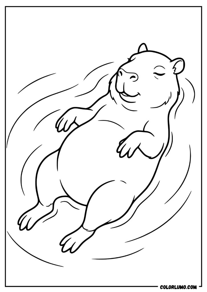 Adorable capybara coloring page peacefully floating on its back in a calm pond, surrounded by gentle water ripples