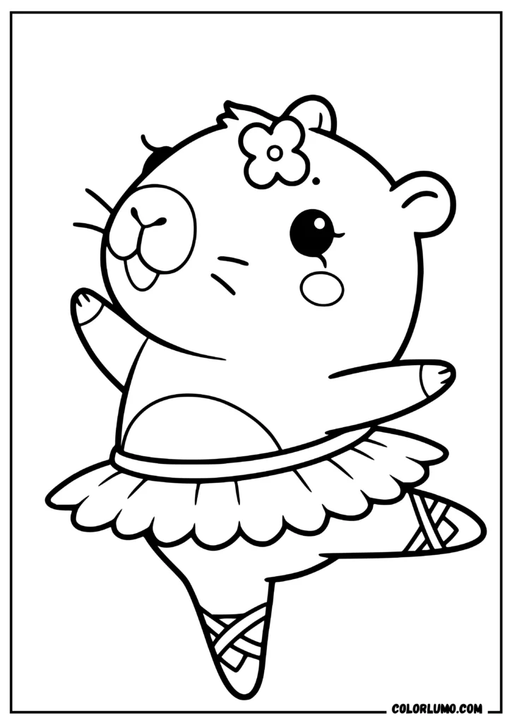 Ballet dancer capybara coloring page featuring a cute capybara in a flowered tutu, performing a ballet pose with one leg raised