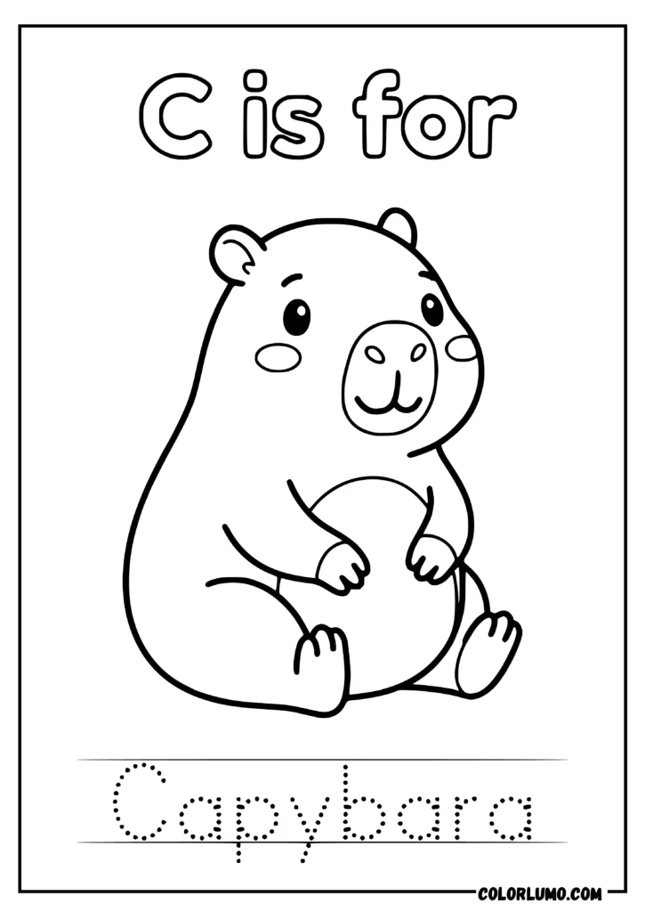 C is for Capybara preschool coloring worksheet with a cute sitting capybara and dotted “Capybara” tracing text