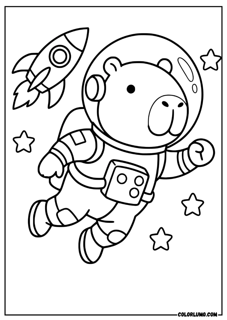 Capybara astronaut coloring page floating in space with a rocket, planets, and twinkling stars